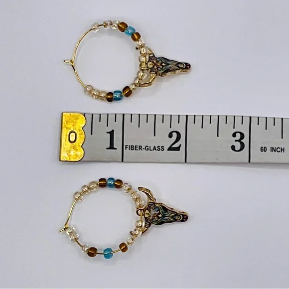 Earrings Hoops Cow Skull Boho Country Western Glass Beads Gold Tone #B Jewelry - Picture 3 of 3